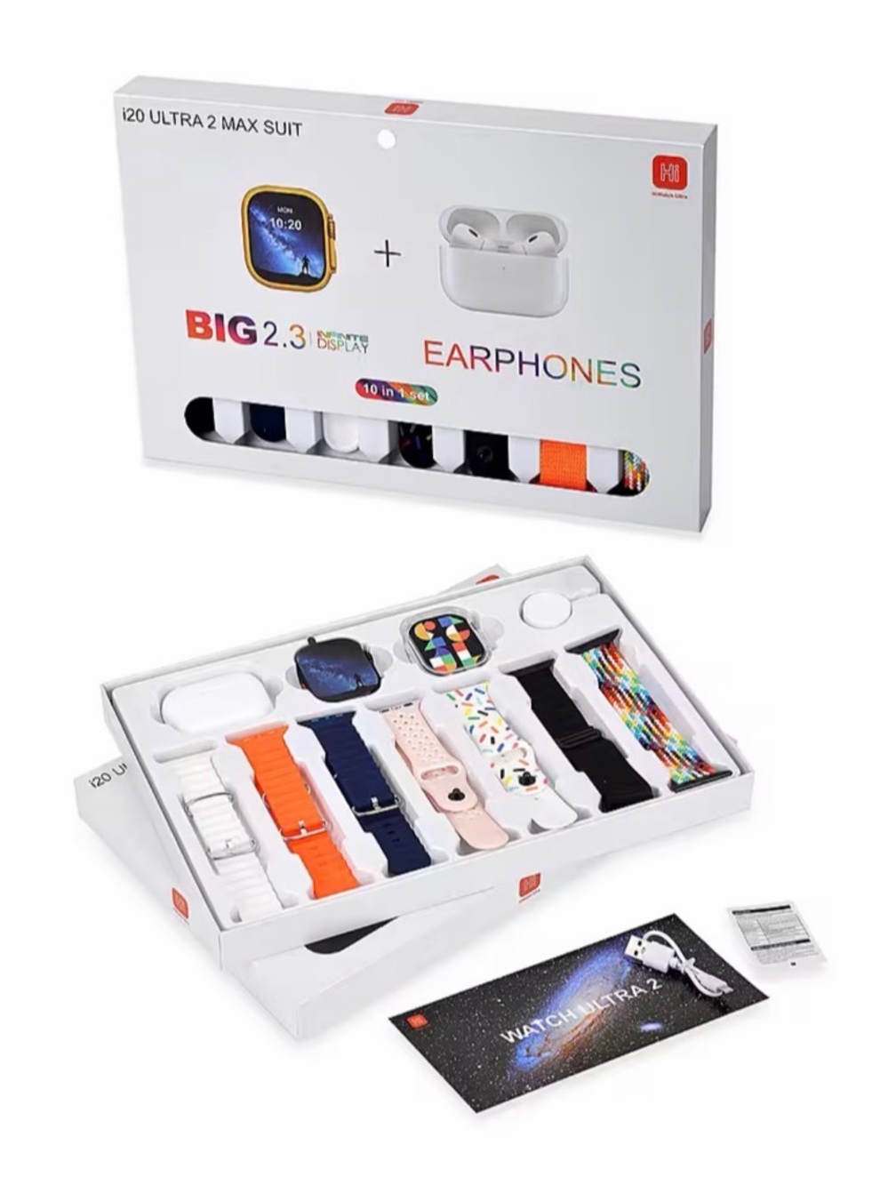 Smartwatch & Earphones Bundle - White with Multi-Color Bands